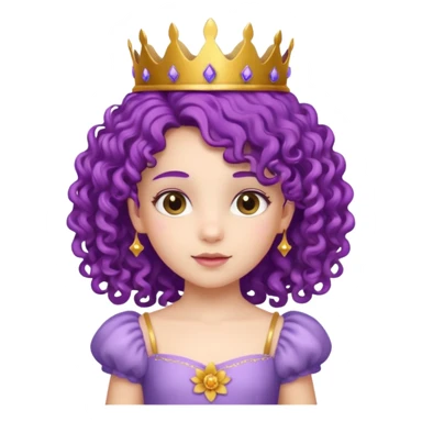 Princesses kid girl, with Gold Crown and flower on purple curly hair, with white dress sticker