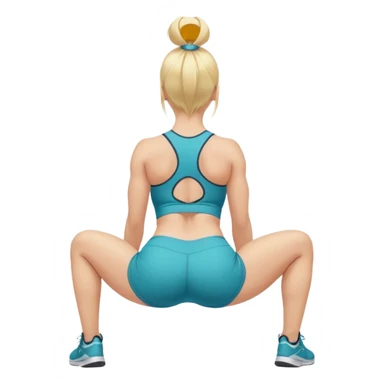buxom blonde fitness trainer, back view, bending over, sitting on soles, SFW, sporty outfit, playful pose, no nudity sticker