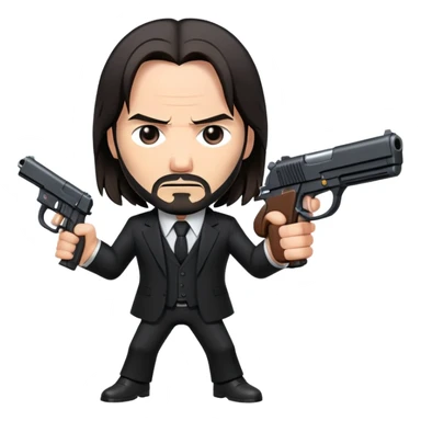 John Wick in black suit with long hair, determined expression, holding a gun sticker