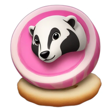 A badger with a white cookie with pink Swirl sticker