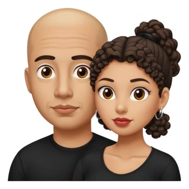 A picture of a tanned couple. the man is a Mexican man with tanned skin, a bald hair cut, short shaved beard and wearing a black shirt. the woman is mixed, with curly medium length hair in a pony tail, with big boobs and lips  sticker