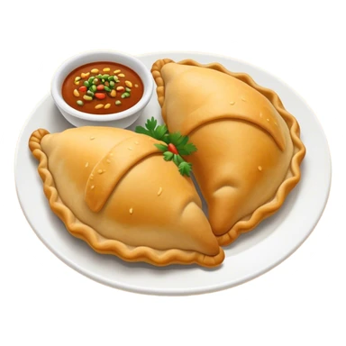 Cinematic Realistic Colombian Cornmeal Empanadas Emoji, showcasing the golden, crispy shell filled with savory meats and spices, served with a side of aji dipping sauce, rendered with vibrant textures and warm, inviting lighting. sticker