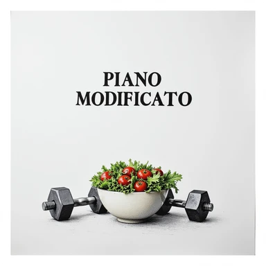 white sheet of paper with the text 'PIANO MODIFICATO', a hyperrealistic 4K drawing of a salad bowl and gym dumbbells, no background sticker