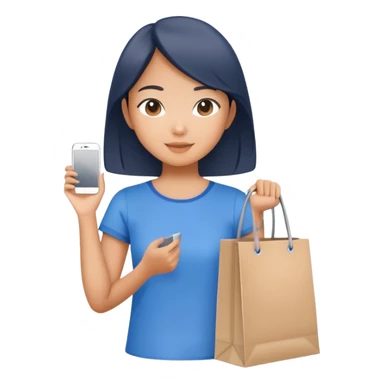 Asian girl in blue top holding a grey shopping bag sticker