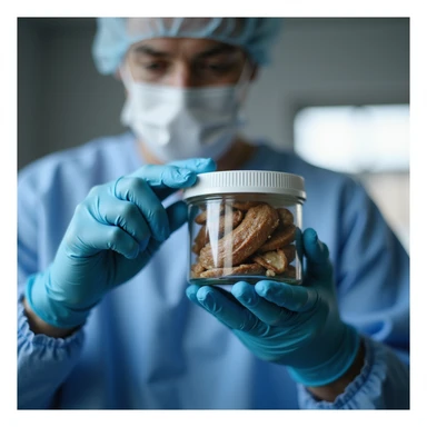 operator wearing gloves and mask sealing jar of dried pig thyroid supplement, pharmaceutical environment, hyperrealistic 4K details sticker