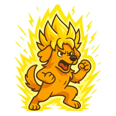 cartoon golden retriever going super saiyan, glowing hair, energy aura, dynamic pose, intense yellow energy sticker