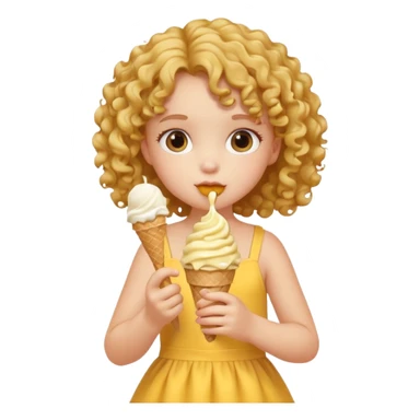 a little girl kid with curly hair, yellow dress, eat ice cream sticker