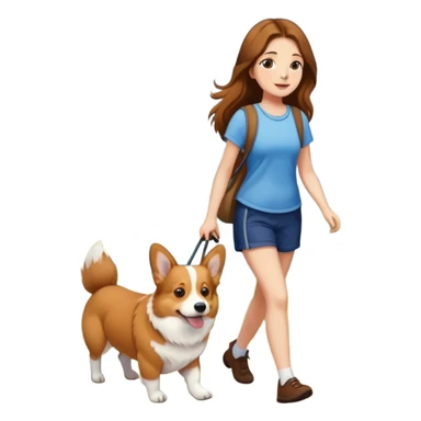 A girl with long brown hair walking a corgi sticker