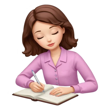 White Barbie girl dark Chestnut bob wavy hair sleeping with In pale creamy color clothes, he writes in a notebook sticker