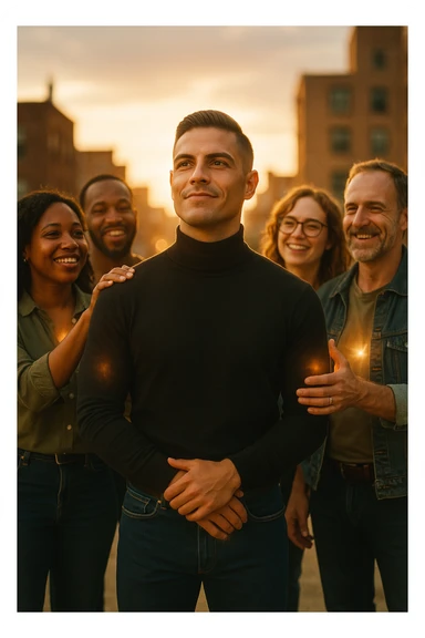 A cinematic scene of a man in his early 30s standing at the center of a sunlit urban rooftop during golden hour, surrounded by a diverse group of supportive, smiling people — friends, mentors, colleagues. They’re standing slightly behind or beside him, hands on his shoulder or gesturing toward him with encouragement. The man looks forward with a confident, inspired expression, body slightly relaxed, as if something inside di lui sta cambiando. The light behind the group forms a halo effect, emphasizing warmth and unity. Subtle visual symbolism: faint glow around their hands and hearts, suggesting their energy is uplifting him. Realistic clothing, modern style — jeans, T-shirts, casual jackets. The mood is inspiring, grounded, and full of potential. Shot in 35mm film style, with rich warm tones, shallow depth of field, and vibrant human detail. sticker