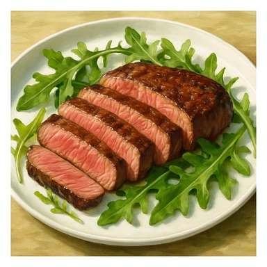 sliced beef steak on a plate with fresh arugula, appetizing, food illustration sticker