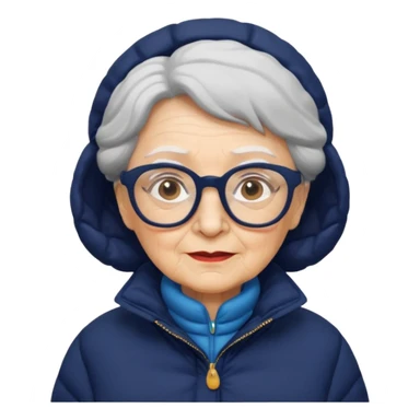 old wo man in navy puffy winter coat, wearing glasses sticker