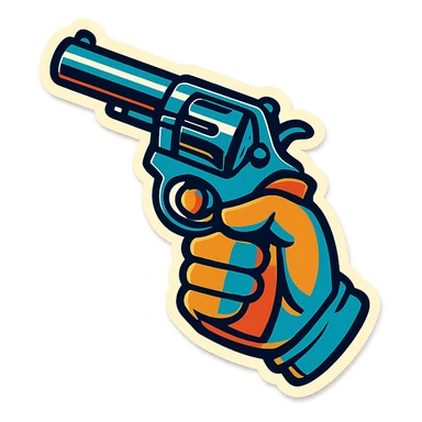 male hand holding a revolver, retro stickers style, clear black outlines, expressive shadows and highlights, no gradients, only sharp color transitions, hand wearing a glove sticker