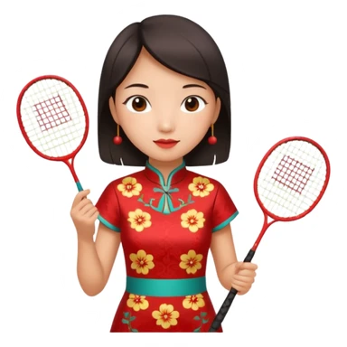 ancient cheongsam girl with 1 badminton racket, red sticker