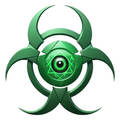 Minimalist emoji-style sticker of a fractured biohazard symbol with a small eye in the center. Stylized, geometric, no text.
 sticker