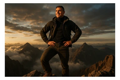 uomo che arriva in cima alla vetta accogliendo le sfide della vita e le supera senza paura, iperrealistica cinematografica 4k sticker