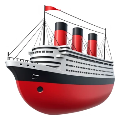 A 3D stylized Titanic ship in Apple emoji style, smooth and glossy surface, clean white and black colors with red accents, large expressive windows but no face, sailing on calm ocean with soft lighting, Pixar-quality render, minimal and elegant design, isolated on studio background.

 sticker