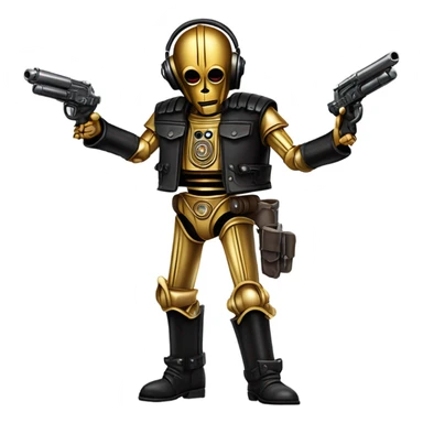 battle rough and tough bounty hunter c3Po wearing Satan’s leather biker outfit with guns and wide-brim hat on head. walking sticker