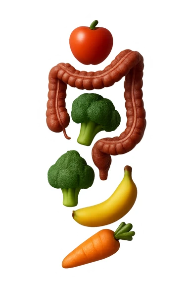 emoji stile iphone in 3d di cibo sano che fluttua in aria vericalmente insieme a pezzi di colon umano anatomico, iperrealistico 4k sticker