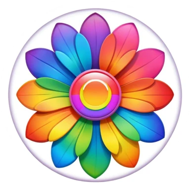 A round psychedelic colored button with a large rainbow colored flower in the center sticker