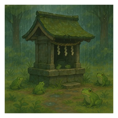 Rain falling gently on a tiny shrine surrounded by frogs. sticker