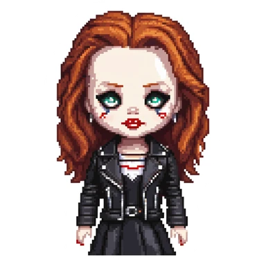 doll version of Chucky's bride in black dress, black leather jacket, heavy dark makeup sticker
