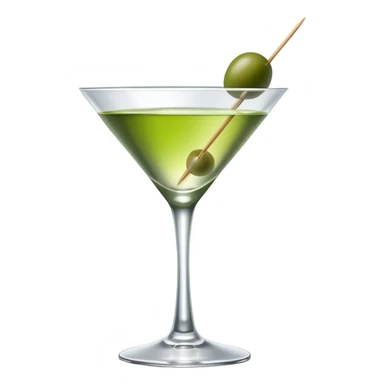 empty martini glass with just a hint of colorless liquid, showing mostly glass with very minimal liquid representation, single green olive on toothpick sticker