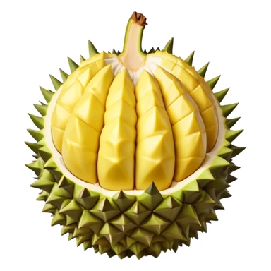 Cinematic Realistic Durian Fruit Dish Emoji, depicted as the notorious spiky fruit with a rich, custardy interior rendered with lifelike detail and bold, distinctive lighting. sticker