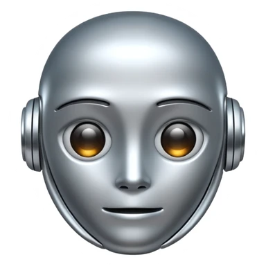 A cute futuristic robot emoji made of silver chrome, rounded friendly body, minimal facial features, glossy metallic surface, soft reflections, iOS emoji style, centered, clean white background sticker