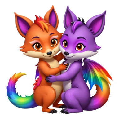 black female raccoon dragon hybrid with rainbow colored wings and purple eyes giving a big hug to a red female fox dragon hybrid with rainbow colored wings and orange eyes sticker