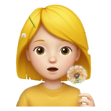 A 3D cartoon child blowing on a dandelion, seeds flying in the air, sunny garden background, realistic Memoji-style. sticker