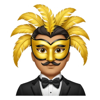 A man facing forward wearing a tuxedo with a yellow canary mask. The canary mask is in the style of a Venetian carnival mask. sticker