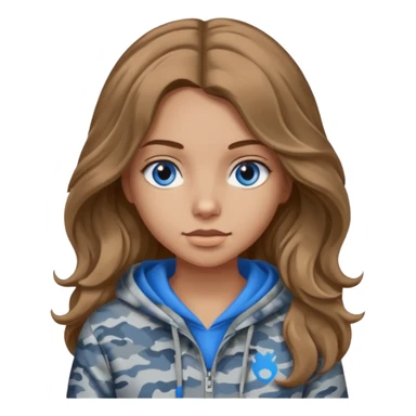 Girl with long wavy light brown hair, blue eyes , medium skin tone, wearing a gray camo hoodie sticker