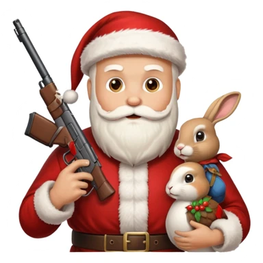 Santa holding a gun, a rabbit, and a turkey sticker