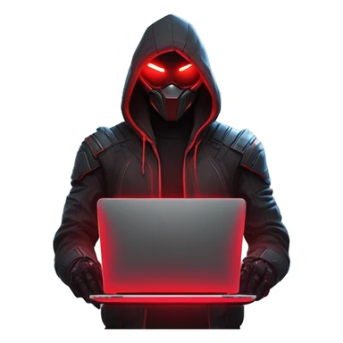 developer behind his laptop with this style : crysis Cyberpunk Riot Games Valorant neon glowing bright red character red dark black hooded assassin themed character sticker