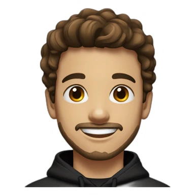 young man  fit with short beard smiling medium long wavy rockabilly style brown hair with light skin and dark brown eyes wearing black sweatshirt hoodie sticker