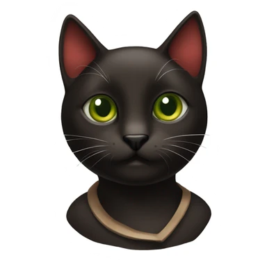 a dark brown and black cat with white spot in a chest with forest green and brown eyes with red collar sticker