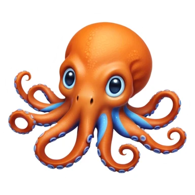Cinematic Realistic Cute Octopus Portrait Emoji, Head tilted playfully and inquisitively, featuring a gracefully curving, compact body in vibrant orange adorned with delicate blue rings, and a charming, expressive face with round, sparkling eyes full of curious wonder; rendered with lifelike detail and soft natural highlights, high shine, affectionate and enchanting, styled with a touch of whimsical ocean magic, soft glowing outline, capturing the essence of a mischievous yet lovable octopus that seems poised to slither playfully into your arms! sticker