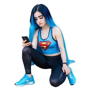 Shameful disappointed crying-very very very very big chest-texting on a samsung cell phone-very long straight flowing black to sky blue hair ombre-blue eyes-black eyeliner-long eyelashes-plastic sparkling sky blue very low cut tank top with sparkling superman logo-black leggings-nike sneakers sticker