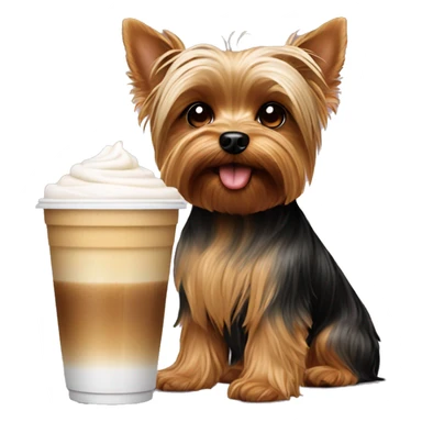 Yorkie dog with iced coffee sticker