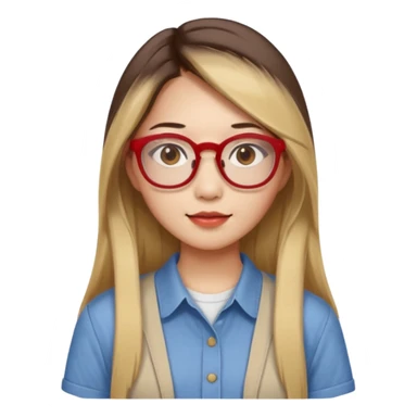 20 yr old asian woman, straight thick long brown hair, blond at ends of hair, middle part, big red glasses, brown eyes, casual shirt sticker