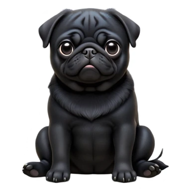 cinematic-[black pug]-realistic-full-body-sitting-emoji,-tail-resting-loosely-beside-its-paws,-head-tilted-dramatically, -sleek-[black]-fur,-simplified-yet-realistic-focused-features,-highly-detailed,-glowing-with-an-almost-sarcastic-glow sticker