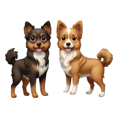 two dogs with wavy hair, one black and brown, one shades of brown with mountains sticker
