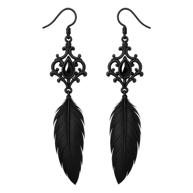 goth earrings, black crow feather, mysterious gothic style, elegant sticker