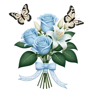 A classic bouquet of pale blue roses, delicate white lilies, and trailing jasmine, tied together with an embroidered ivory ribbon. A butterfly with lace-like wings hovers nearby, casting a soft, intricate shadow over the bouquet. sticker