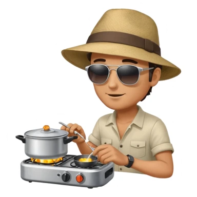 A man camper boiling water on a portable stove, enjoying the outdoor breeze.
 sticker