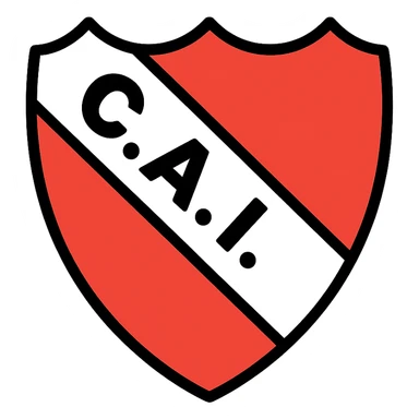 traditional soccer club shield with three-pointed top and rounded base, white border, red background, white diagonal stripe from upper left to lower right, black strong simple capitals 'C.A.I.' spaced and centered with black dots between letters sticker
