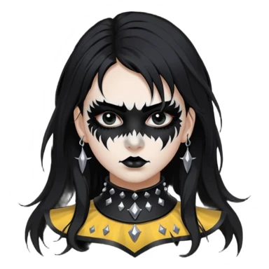 Crea una ragazza con stile black metal,  paint face black metal, capelli neri, mossi dalle spalle e occhi bianchi e un collare con borchie a punta sticker