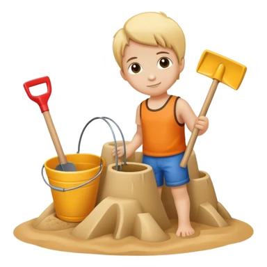 child with a bucket and shovel next to a sandcastle sticker