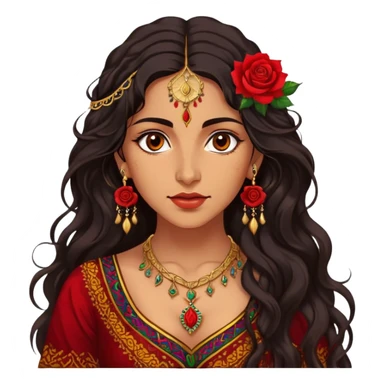 A beautiful Romani woman with deep, expressive eyes and long, wavy dark hair. She wears a vibrant, traditional outfit with intricate patterns and golden jewelry. A single red rose is tucked behind one ear, adding a touch of elegance. Her expression is confident and mysterious, with warm lantern light casting a soft glow on her face, evoking a sense of freedom and passion sticker